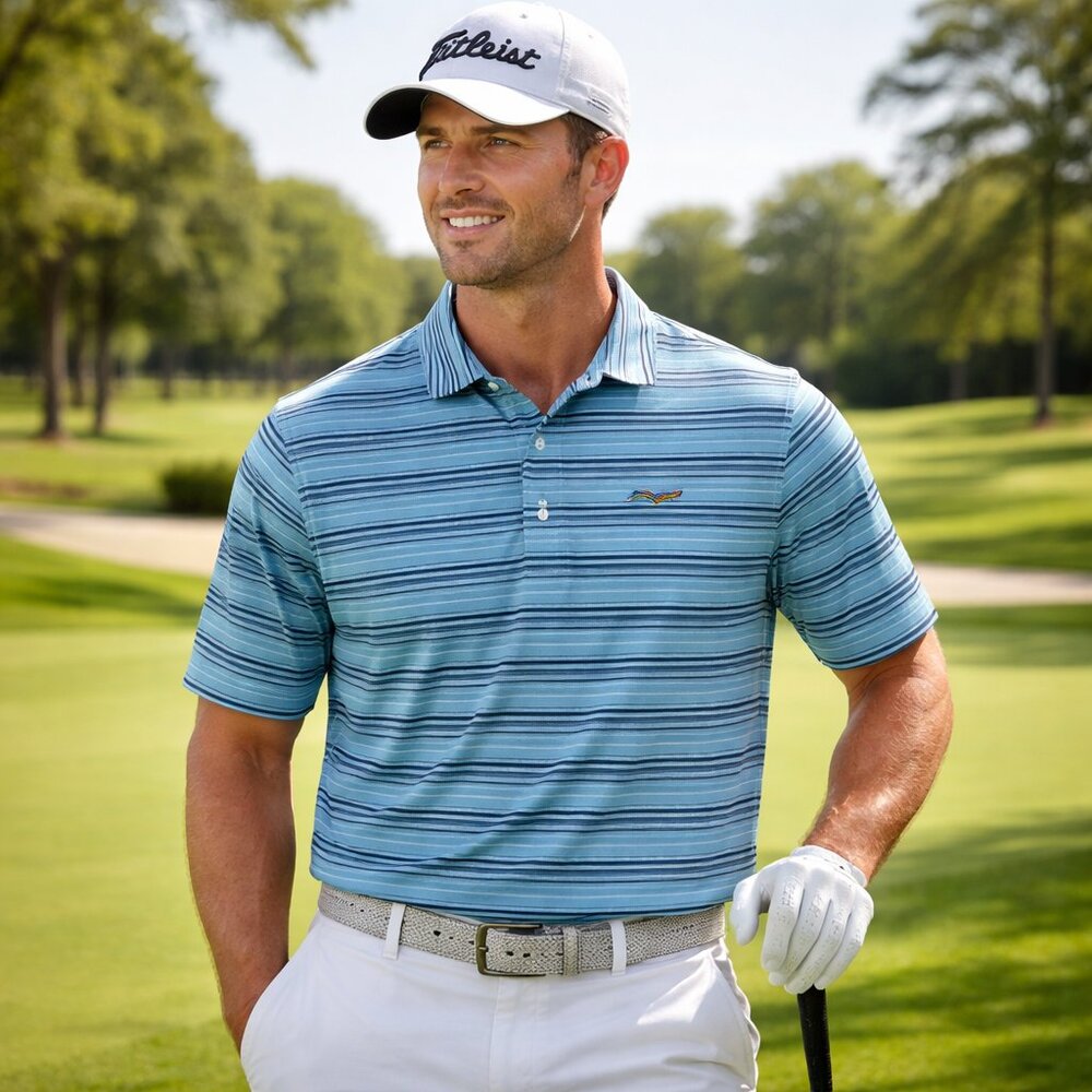 Greg Norman Play Dry Striped Golf Polo Shark Logo Performance XXL Blue Classic
